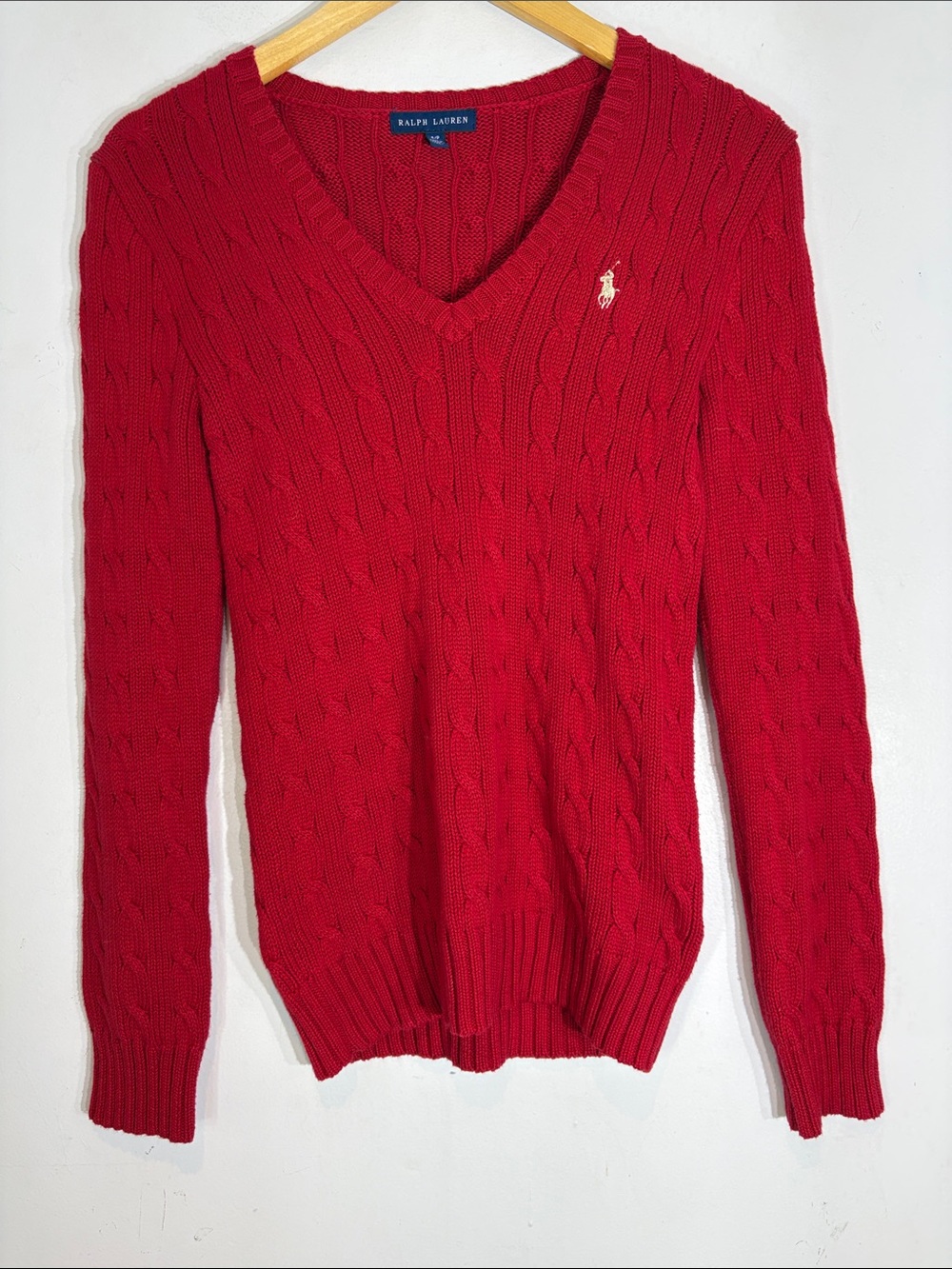 Ralph Lauren Cable Knit V-Neck Sweater Red Cotton Pony Logo Small - Picture 9 of 10